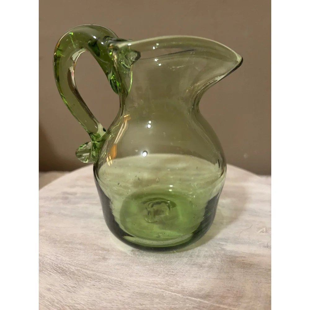 Vintage Hand Blown Green Glass Mini Pitcher Applied Handle Seed Bubbles Creamer
